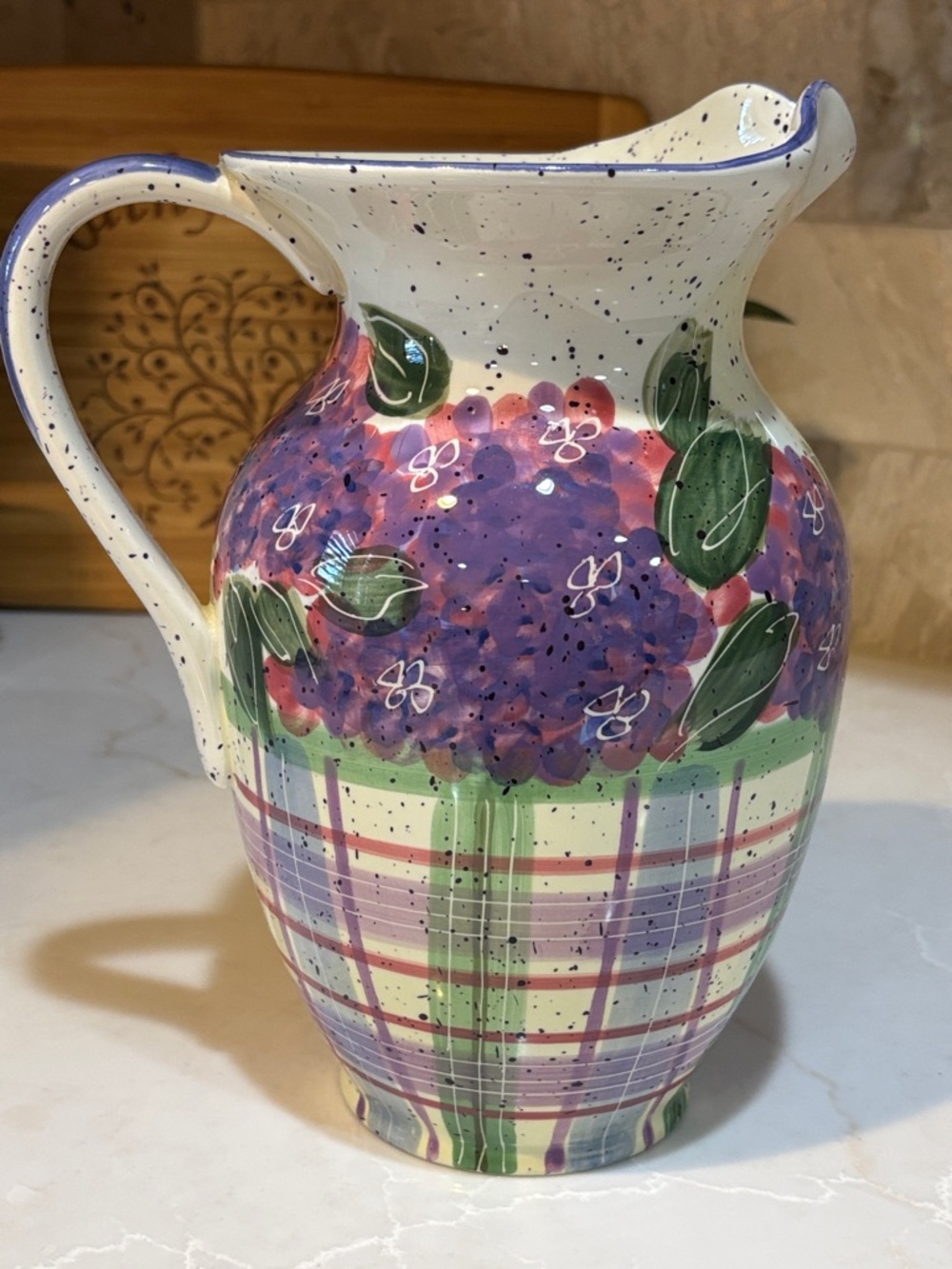 Vintage Julie Ueland Backsplash Ceramic Pitcher with Purple Hydrangea Design